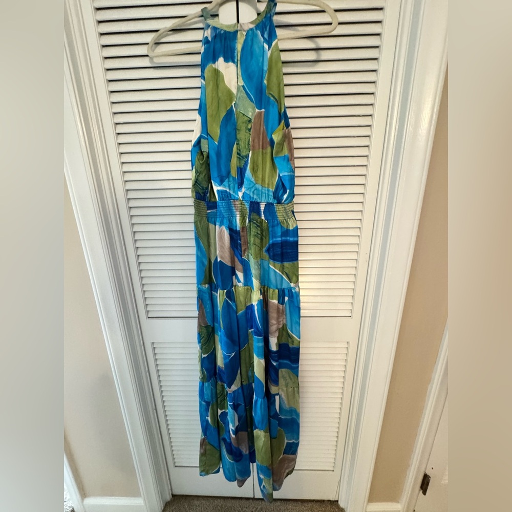 Nicole Miller Size Large Blue and Green Halter Neck Maxi Dress NWT - Picture 6 of 10